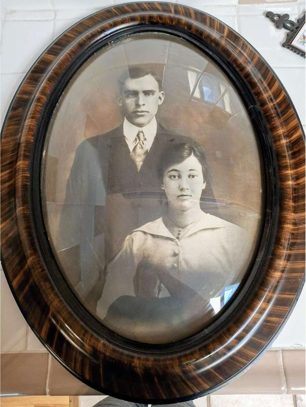 Antique Tiger Wood Picture Frame with Bubble Glass 1910s